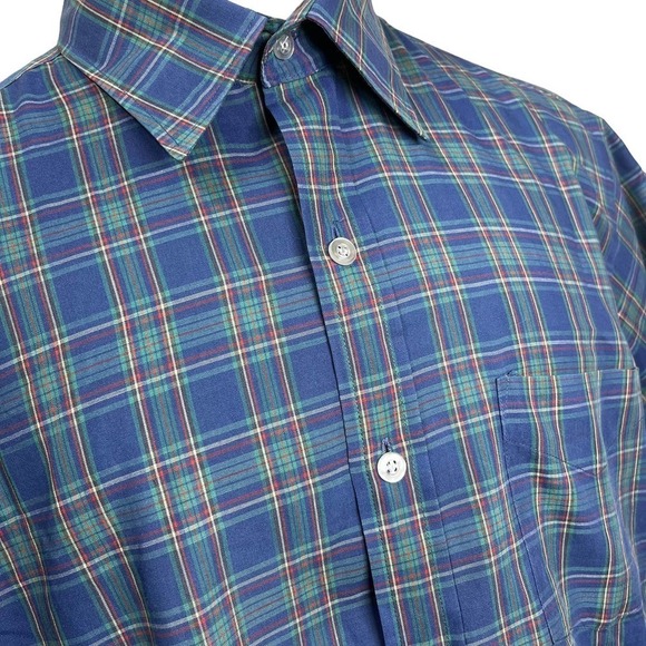 Vintage 90’s Manhattan Button Down Shirt Navy Plaid Large - Picture 3 of 6